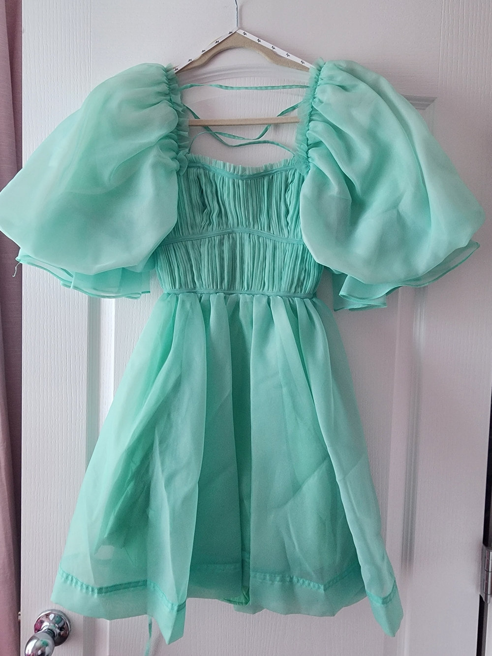 Aje Puff-Sleeve Chiffon Dress in Mint Green